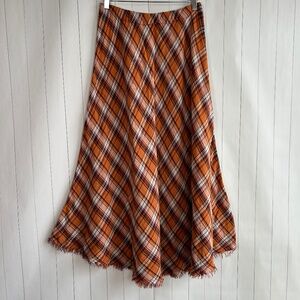 Natural Life size L maxi skirt cotton double gauze orange plaid pull on fringe